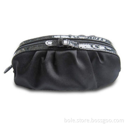 Pleated Satin Cosmetic Bag for Decoration and Promotional Purposes with PU Stripe
